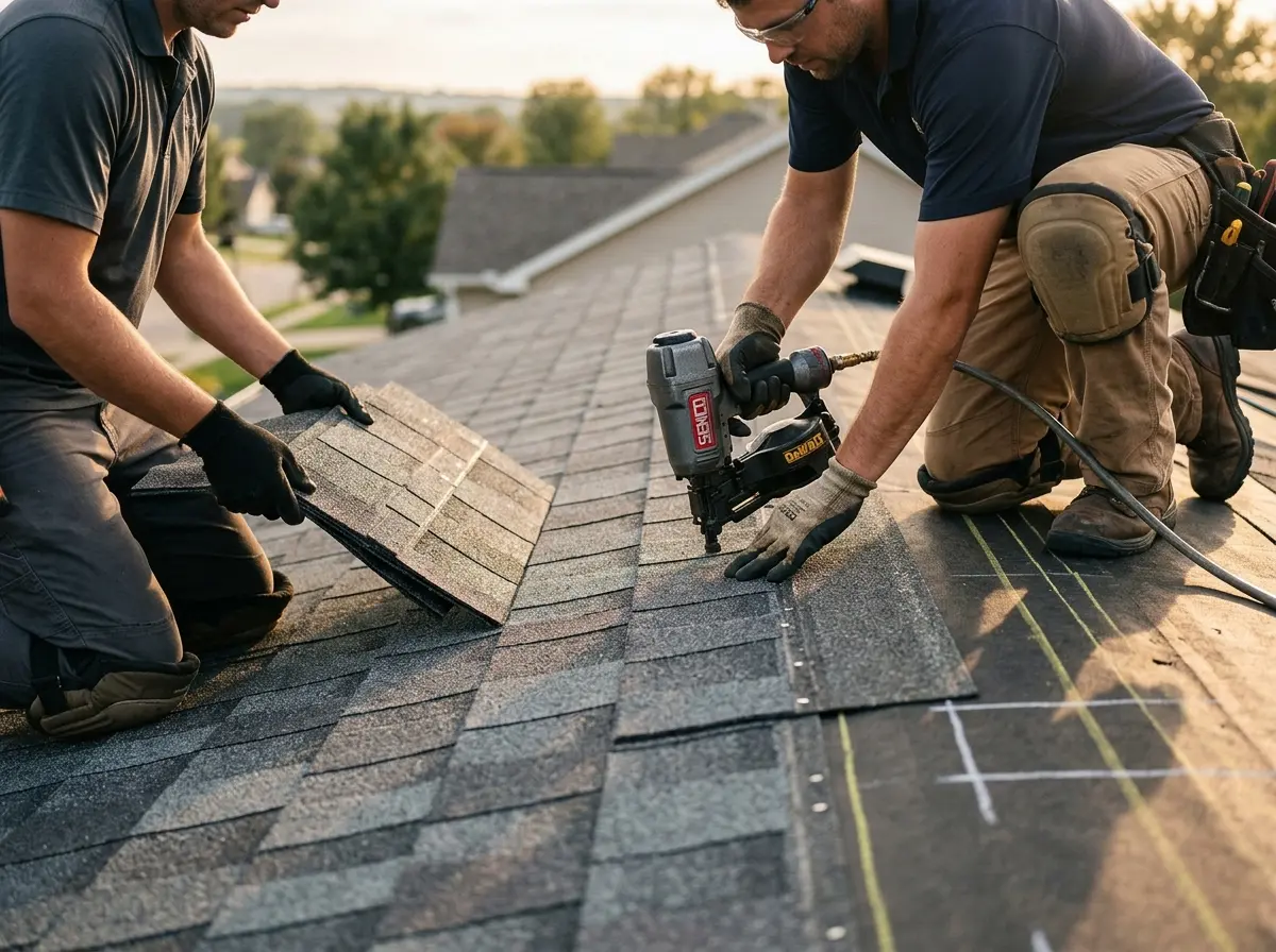 Professional roofer working on a residential roof in Lutherville